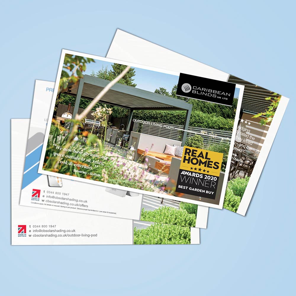 Postcard and flyer printing services by Indigo Ross, demonstrated by a high-quality marketing postcard for national company Caribbean Blinds.