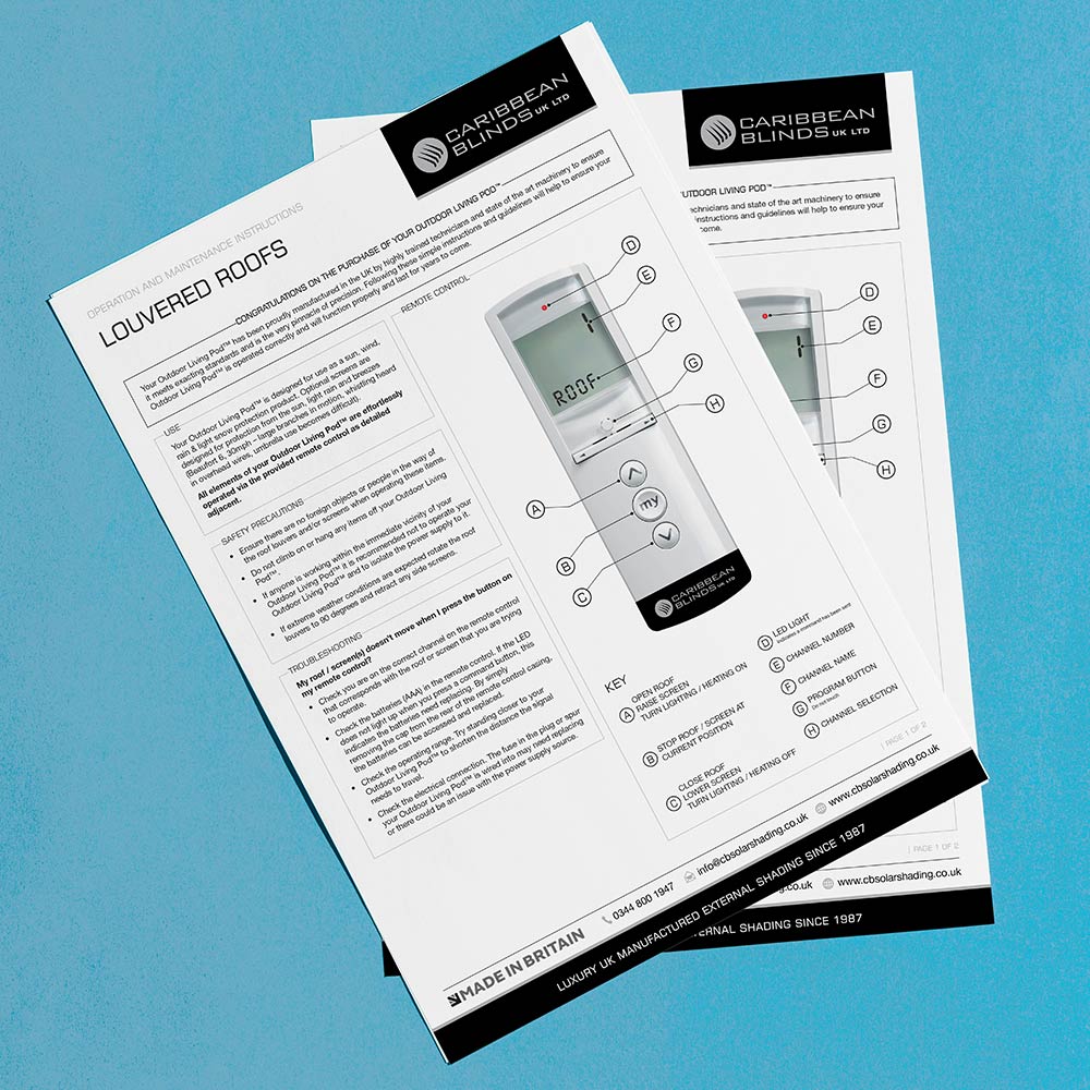 Technical document printing by Indigo Ross, showcased by the clear and professional operation and maintenance manual for Caribbean Blinds