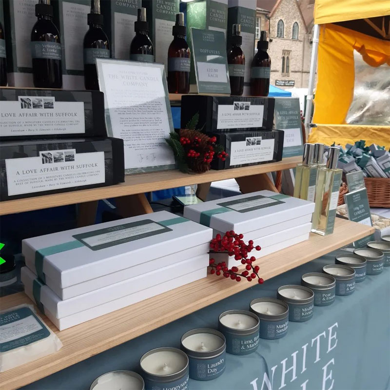 Display showing Labels and Packaging Design and Print for The White Candle Company in Lavenham, Suffolk