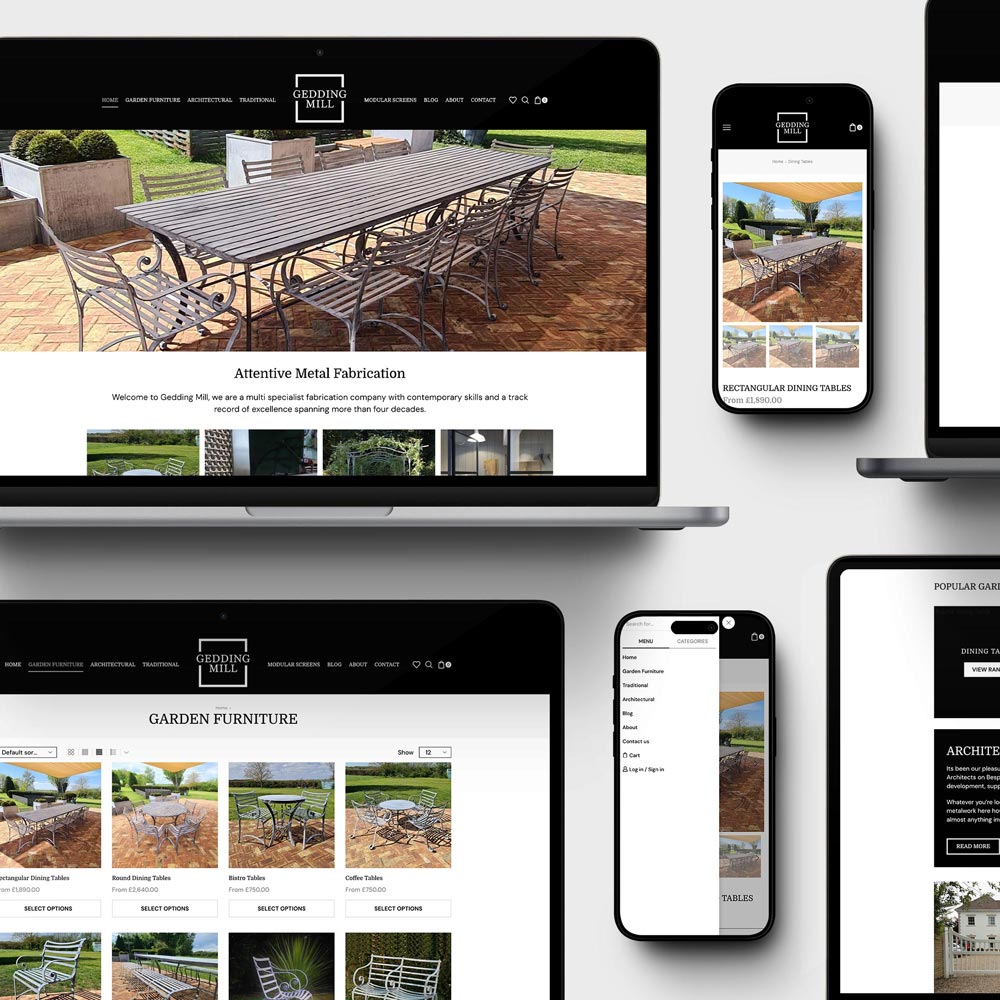 E-commerce web design by Indigo Ross, demonstrated by the mobile-friendly layout of the Gedding Mill garden furniture online shop