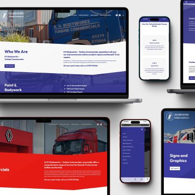 A multi-device showcase of the responsive website designed by Indigo Ross for R H Bodyworks, displaying various pages on laptop, tablet, and mobile screens