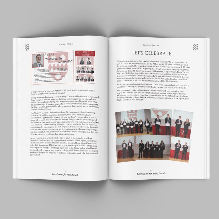School magazine printing services by Indigo Ross, showcased by a two-page spread from a professionally designed and printed publication for a local school