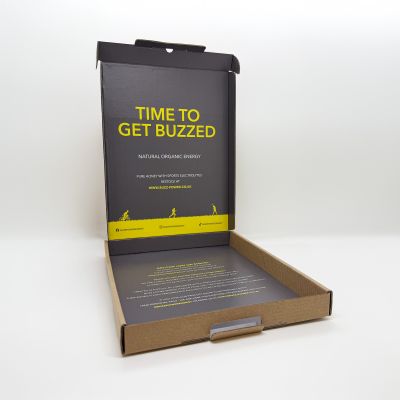 A custom-printed mailer box with inside print for the 'Buzz Power' brand. Bespoke e-commerce packaging by Indigo Ross.