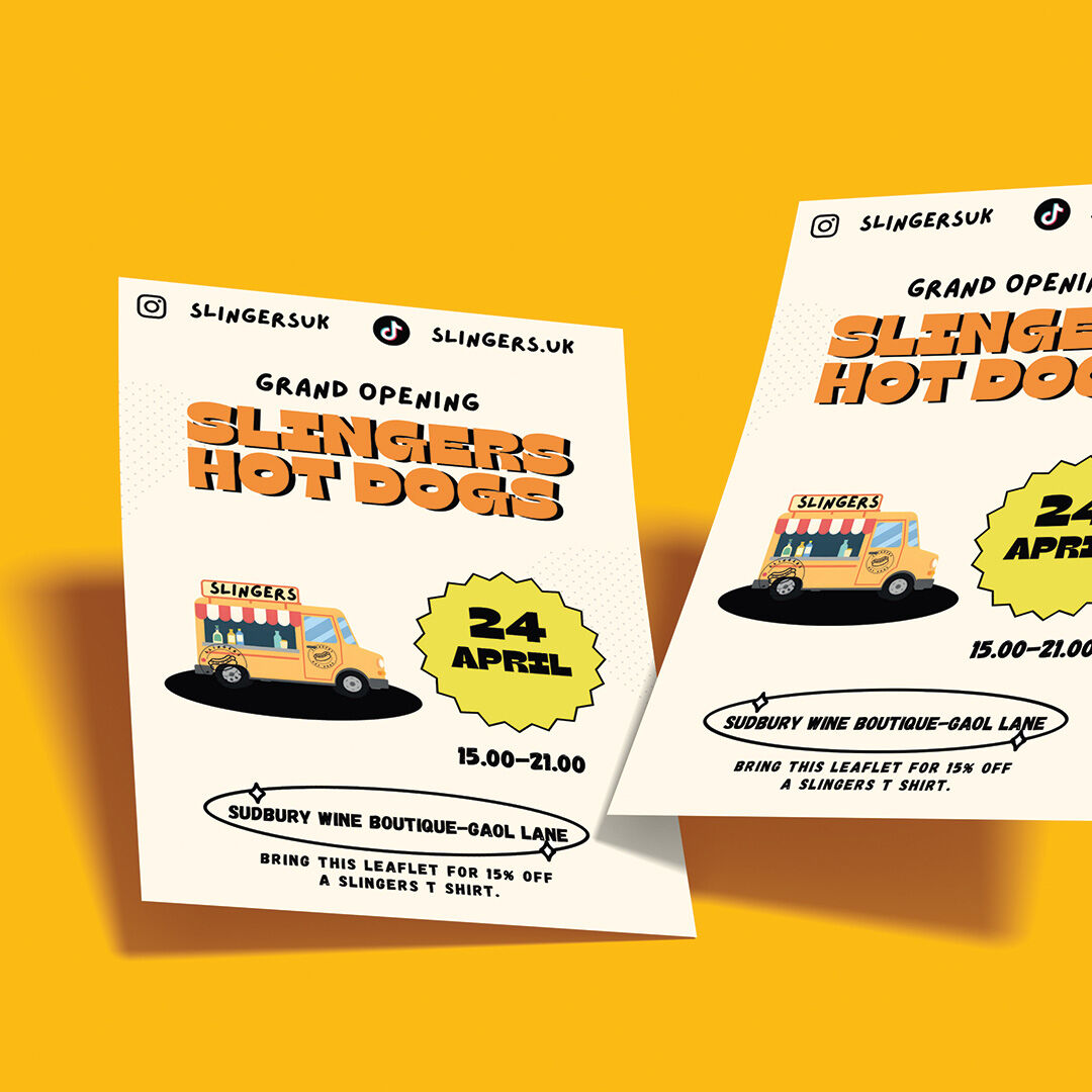 Promotional A5 flyers for Slingers Hot Dogs grand opening in Bury St Edmunds.