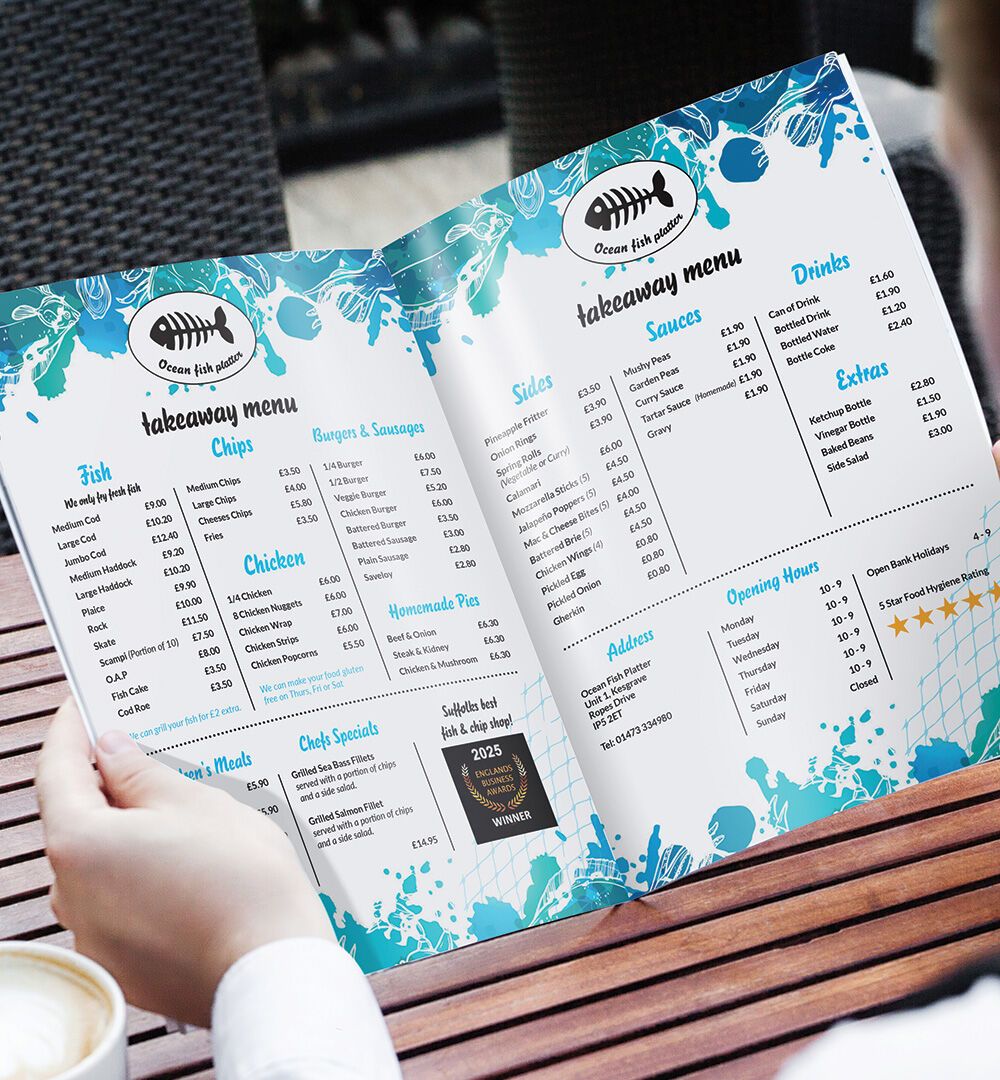 Custom-designed takeaway menu for Ocean Fish Platter.