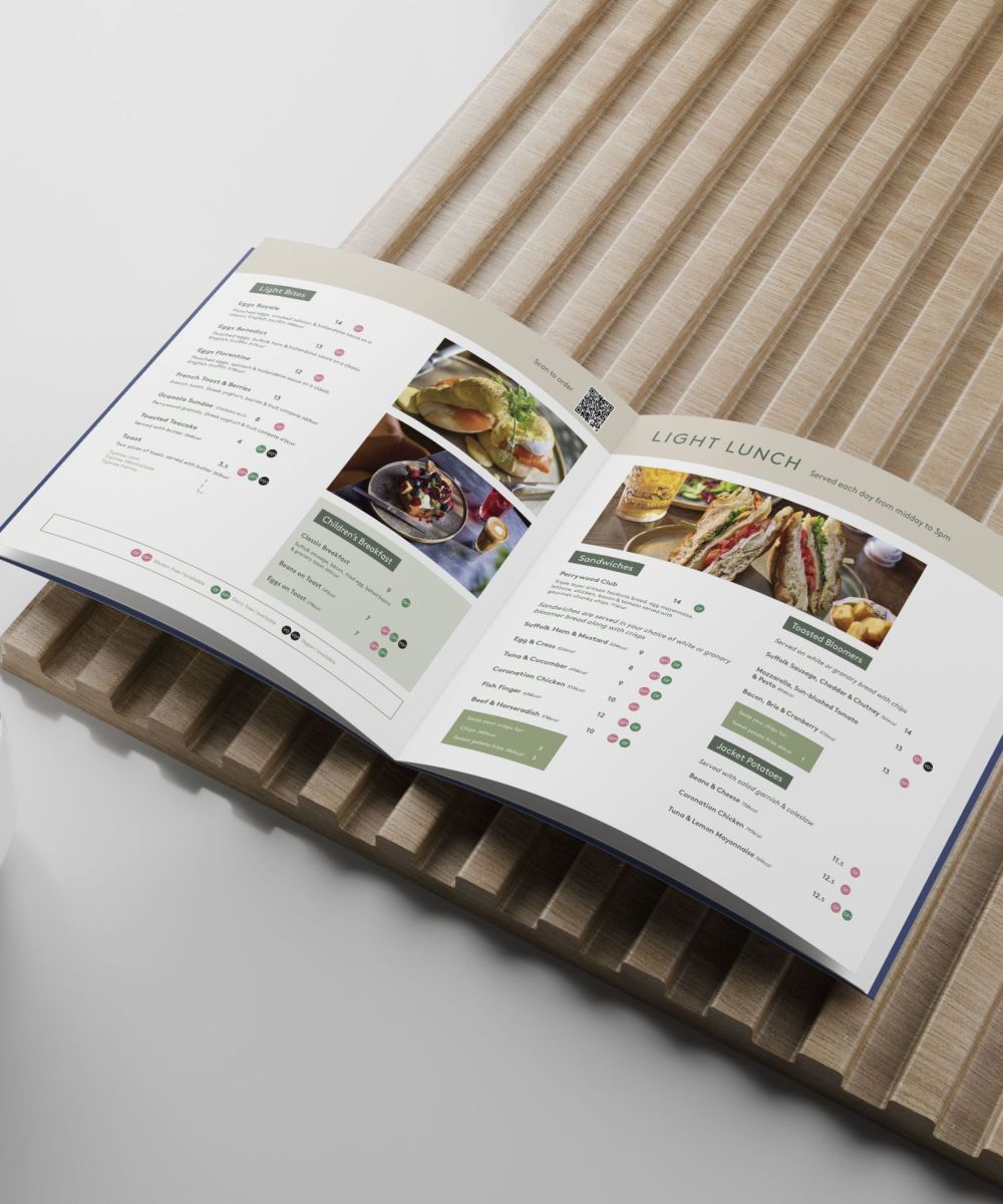 Multi-page lunch menu designed and printed for Perrywood Garden Centre