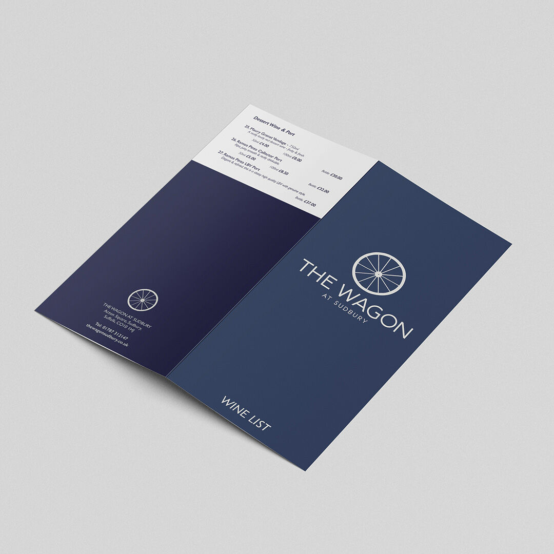 Minimalist navy blue wine list produced for The Wagon at Sudbury, featuring professional typography.