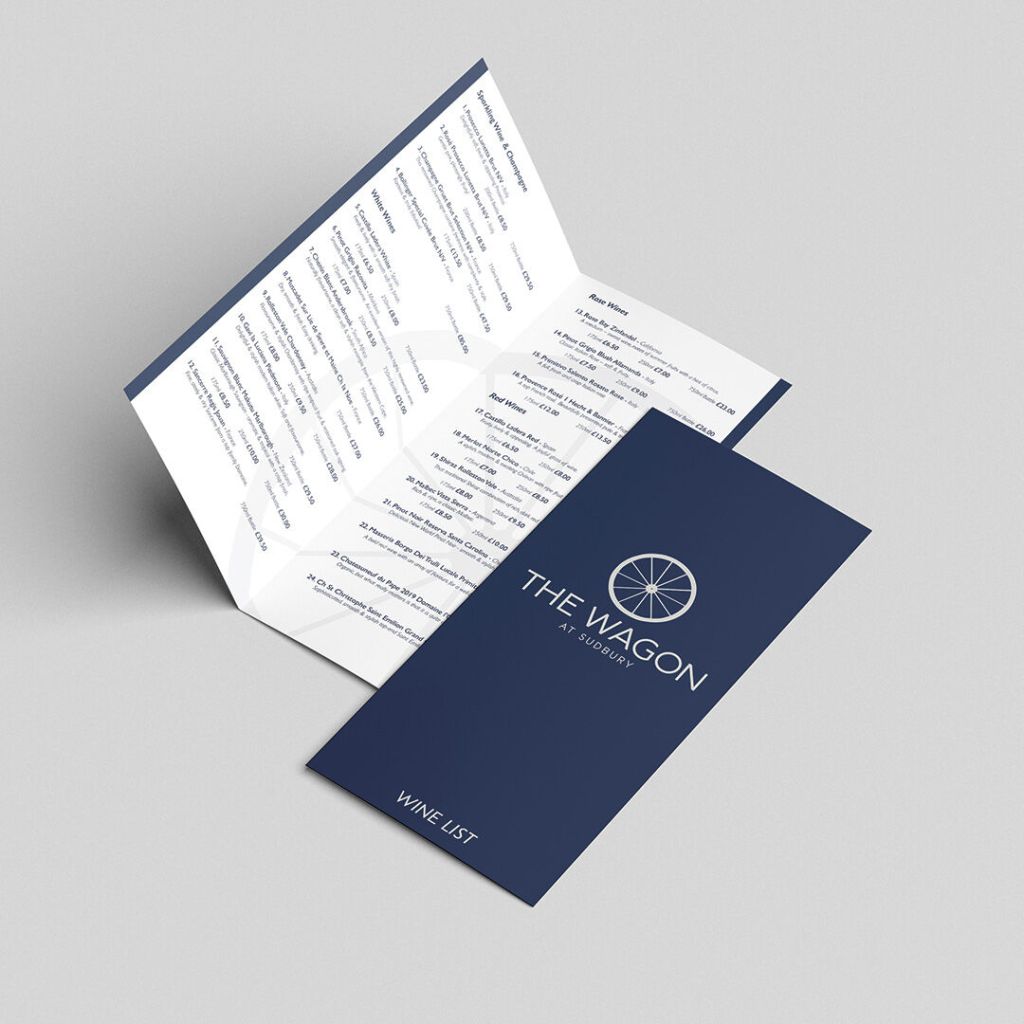 Minimalist navy blue wine list produced for The Wagon at Sudbury, featuring professional typography.